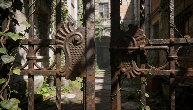 Framing ornate rusted iron gate filling center of narrow courtyard, with vines and sunlit pathway
