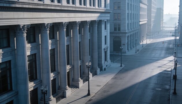 Framing classical colonnade with stone columns, capitals on downtown avenue, showing lamps, shadows