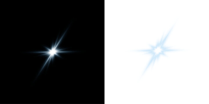 Set of white glowing starburst light flares, abstract sparkle flashes, realistic lens flare effects collection