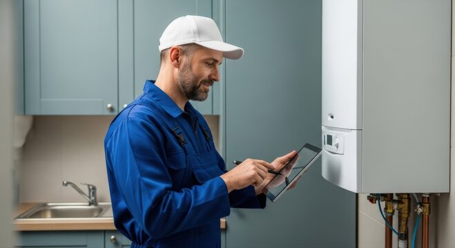 Skilled repairman meticulously examines a modern gas boiler with a digital tablet ensuring optimal functionality in a stylish home