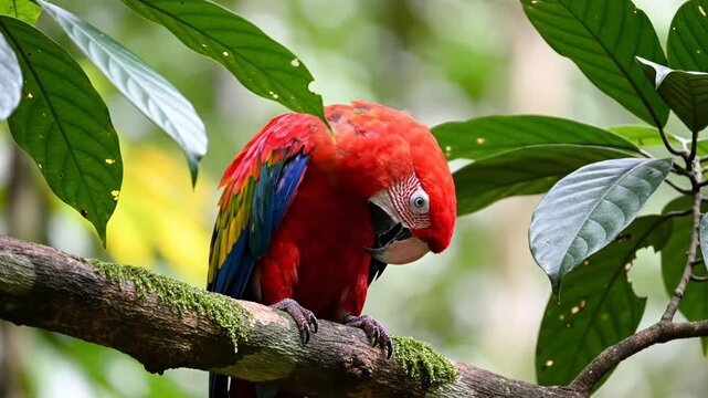 Vibrant scarlet macaw parrot with bright red plumage and blue and yellow wing feathers perched on a mossy tree branch in a lush tropical rainforest with dense green leaves.