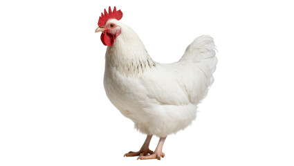 Vibrant white domestic hen with a bright red comb and wattle standing upright © Ines