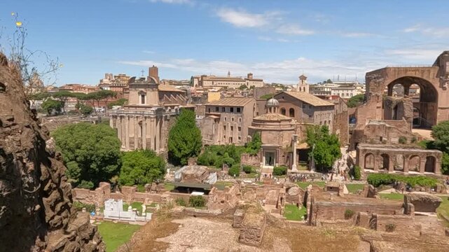 Panoramic view sweeping across the iconic Roman Forum archaeological site, showcasing ancient ruins, classical architecture, and lush greenery under blue sky in Rome, Italy.