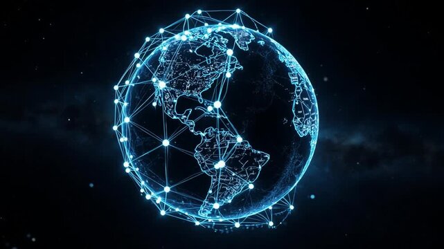 Digital Earth with glowing blue mesh of interconnected nodes and lines, Americas visible, symbolism of global connectivity, internet, data exchange, technological networks.