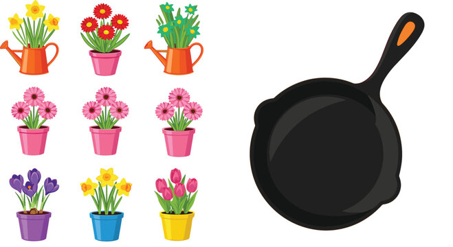 Flower pots and cast iron frying pan set, vector illustration of colorful blooming plants and kitchen cookware isolated on white background