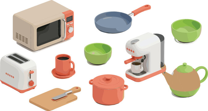 Kitchen appliances and cookware set in isometric style, vector illustration of microwave toaster coffee machine frying pan and utensils