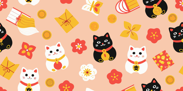 Seamless pattern featuring lucky cats gifts and traditional japanese motifs