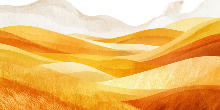Abstract watercolor landscape showing rolling hills and valleys in warm yellow, orange, and beige tones with a textured paper effect, representing nature's beauty and soft curves