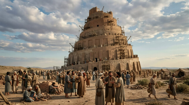 Tower of Babel under construction with group of ancient men, woman and kid. Biblical scene of historical city building. Epic ancient civilization concept. Monumental architecture and history.