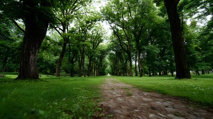 Naklejka premium A serene low angle perspective down a cobblestone path winding through a vibrant green park with tall mature trees forming an avenue