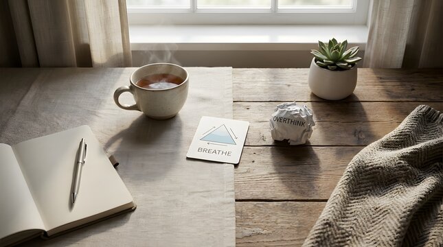 a steaming cup of tea, a crumpled piece of paper