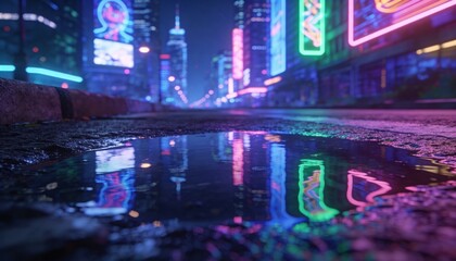 Fototapeta premium Reflecting foreground puddle mirroring neon signs and lights on city avenue at night, with wet curb