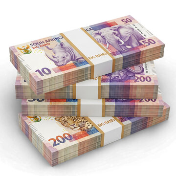 Stacked South African Rand Banknotes Featuring Big Five Wildlife