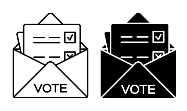 Linear icon. Folded preliminary voting form is sent into a postal envelope. Simple black and white vector symbol isolated on white background