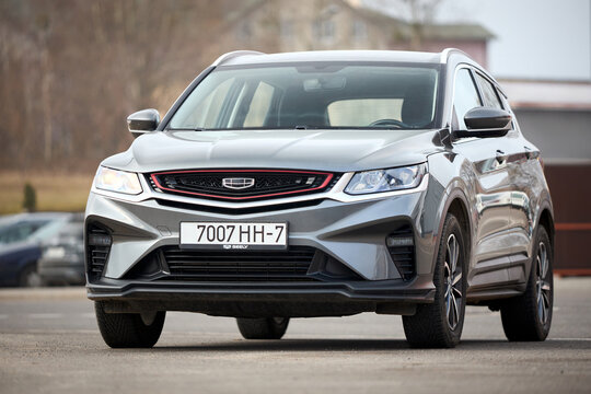 Minsk, Belarus - March, 17 2026: BelGee X50 or Geely Coolray car parked selective focus over urban background. Chinese SUV crossover front view