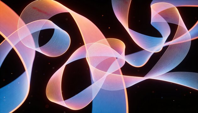 Flowing luminous ribbons twisting, looping on digital canvas, showing soft halo, striping