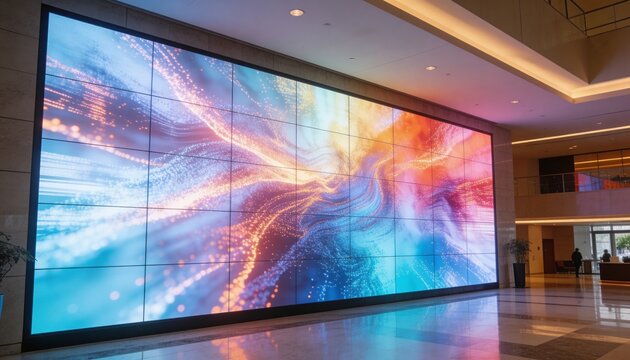 Dominating large LED wall displaying vivid lights in lobby, staff in jackets nearby