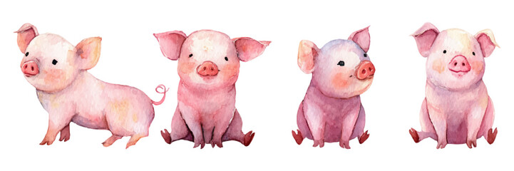 Piglets watercolor illustration set featuring cute baby farm animals in various poses, hand drawn graphic elements for children's designs, nursery art, or greeting cards © Narin
