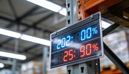 Fototapeta premium Displaying two-line LED display showing blue top and red bottom on steel rack, with pallet racks