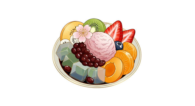 Modern Japanese Graphic Art, a beautiful anmitsu with fruits and red bean paste, in soft, muted pastel tones of cherry blossom, matcha green, apricot