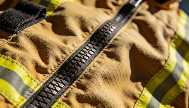 Displaying turnout jacket featuring wide zipper slider, reflective stripes, ripstop in close-up