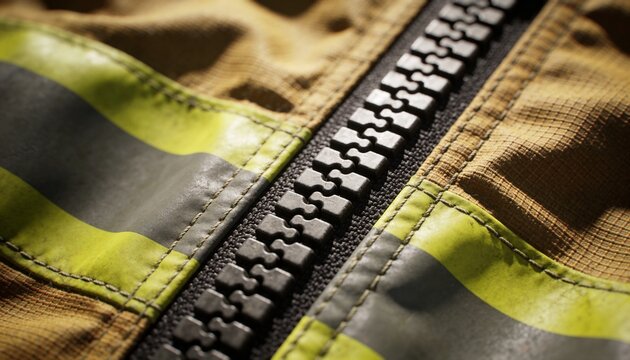 Showing molded zipper teeth running up on protective ripstop outerwear, with fluorescent strips