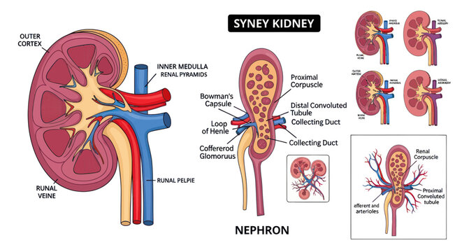 Human Kidney Anatomy Diagram: Nephron Structure and Function, Medical Illustration