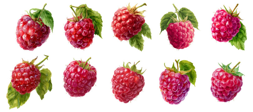 Red raspberries watercolor illustration featuring multiple individual fruits with green leaves, representing fresh, healthy, and organic produce for food and health concepts