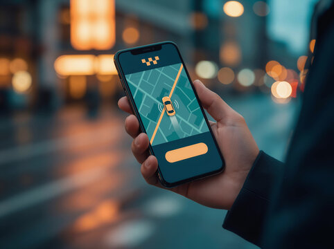Hand holding mobile smartphone with taxi app displaying digital map for urban city travel