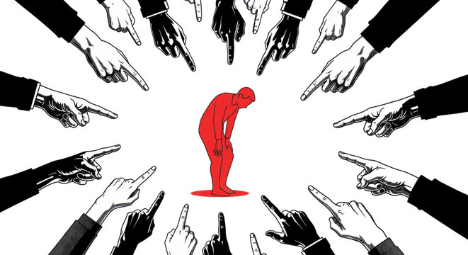 Accused Man Surrounded by Pointing Fingers, Symbolizing Blame and Judgment