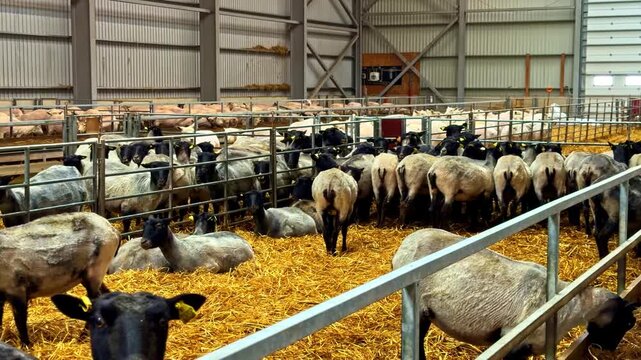 Freshly shorn sheep stand and rest together on straw, showing calm post-shearing behavior.