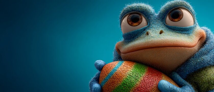 Charming easter vibes: frogs, eggs, and festive spirits. Movie cover. Cute frog gently holding a colorful easter egg. Advertising photo. Scifi poster.