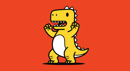 Fototapeta premium Cartoon dinosaur standing with raised arms against a solid red background with white belly and spiky back.