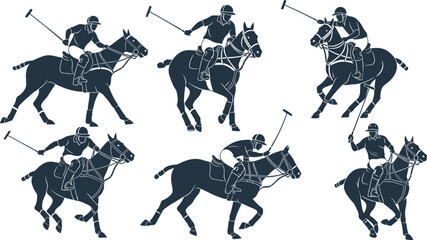 Polo player silhouettes on horseback in action poses, black vector illustration set of equestrian sport athletes isolated on white background © Jahangir