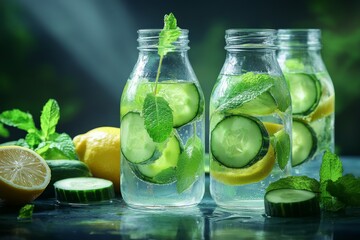 Fototapeta premium selective focus detox water with cucumber, lemon, and mint in glass bottle