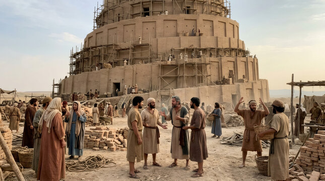 Ancient people building the Tower of Babel in the desert. Group of man and woman worker wearing traditional robes constructing a massive brick architecture project. Biblical historical scene.