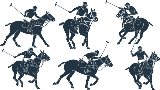 Polo player silhouettes on horseback in action poses, black vector illustration set of equestrian sport athletes isolated on white background