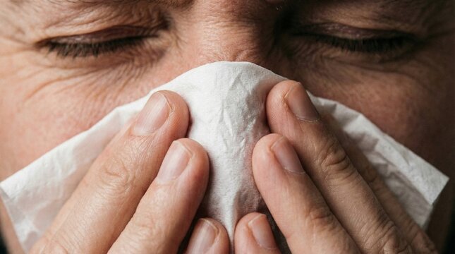 Close-up of a person blowing their nose with a tissue in their hands