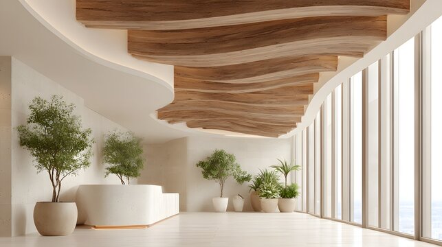 Elegant Modern Interior with Wavy Wood Ceiling, Greenery, and Panoramic Windows