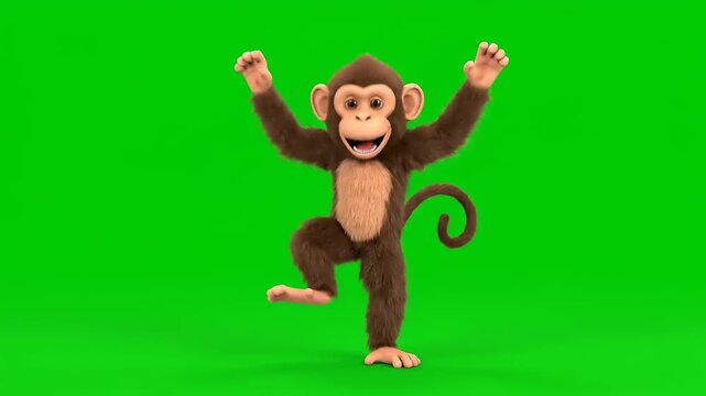 Playful monkey standing on one leg with arms raised against a green screen background, captured in a full shot with a lively expression