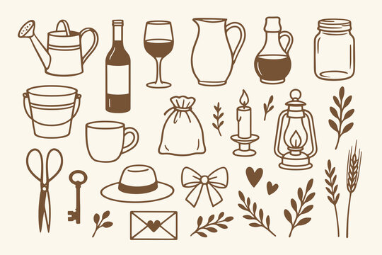 Set with sketched tools, containers, decorations for customizing logos, branding, packaging designs, stationery, and craft projects.