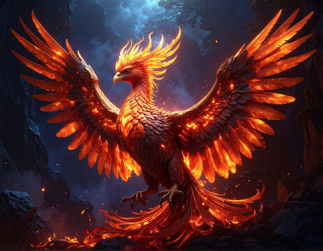 A majestic phoenix rises from flames in a dark, cinematic landscape with glowing feathers.
