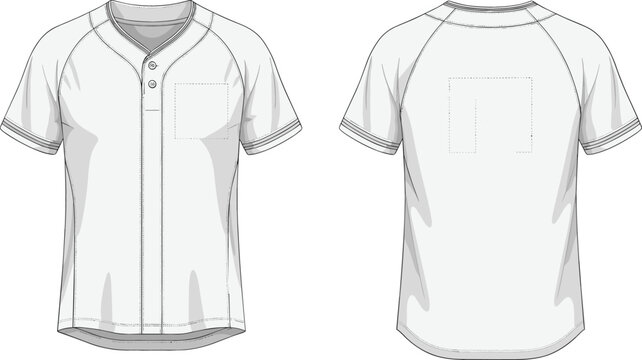Baseball jersey outline template with front and back view, detailed vector illustration of sports uniform mockup with stitching and panel lines