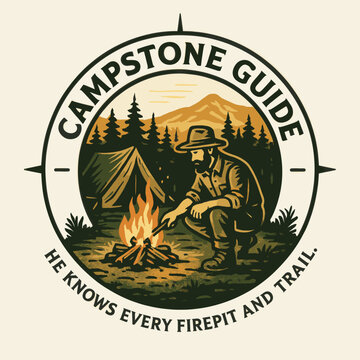 Campstone guide logo features a camper by a night fire. Ideal for outdoor adventure brands or camping services.