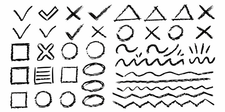 Collection of hand drawn shapes lines and symbols in black and white