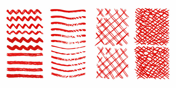 Red scribble patterns lines waves and textured strokes isolated on white