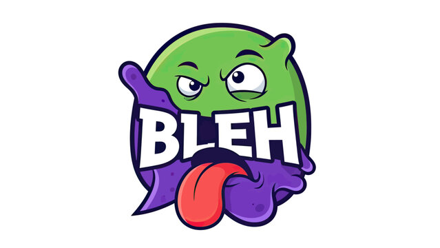 An illustration with a green, round monster face, purple body, and the word "BLEH