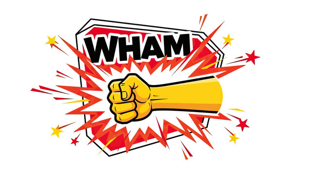 Comic book style image of a fist bursting from a "WHAM" text bubble with star explosions