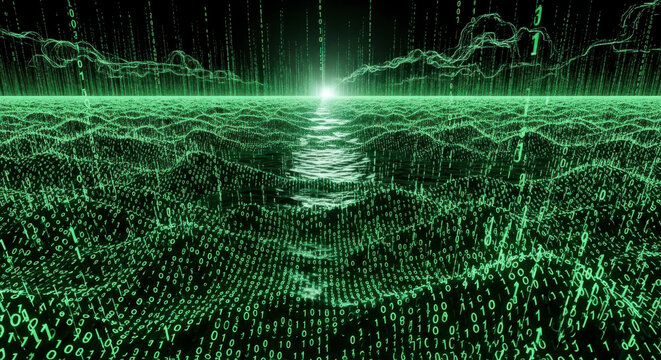 Vast digital ocean of glowing green binary code with cascading numbers forming waves and ripples under a dark sky with a bright light at the horizon and streaks of data flowing through the air