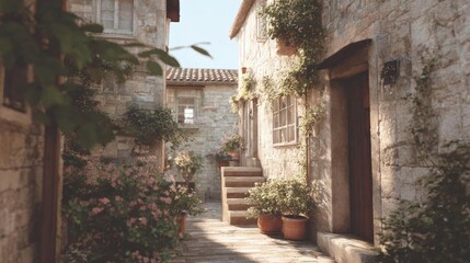Fototapeta premium Narrow cobblestone street in an old stone village. the street is lined with stone buildings on both sides, each with a wooden door and windows.